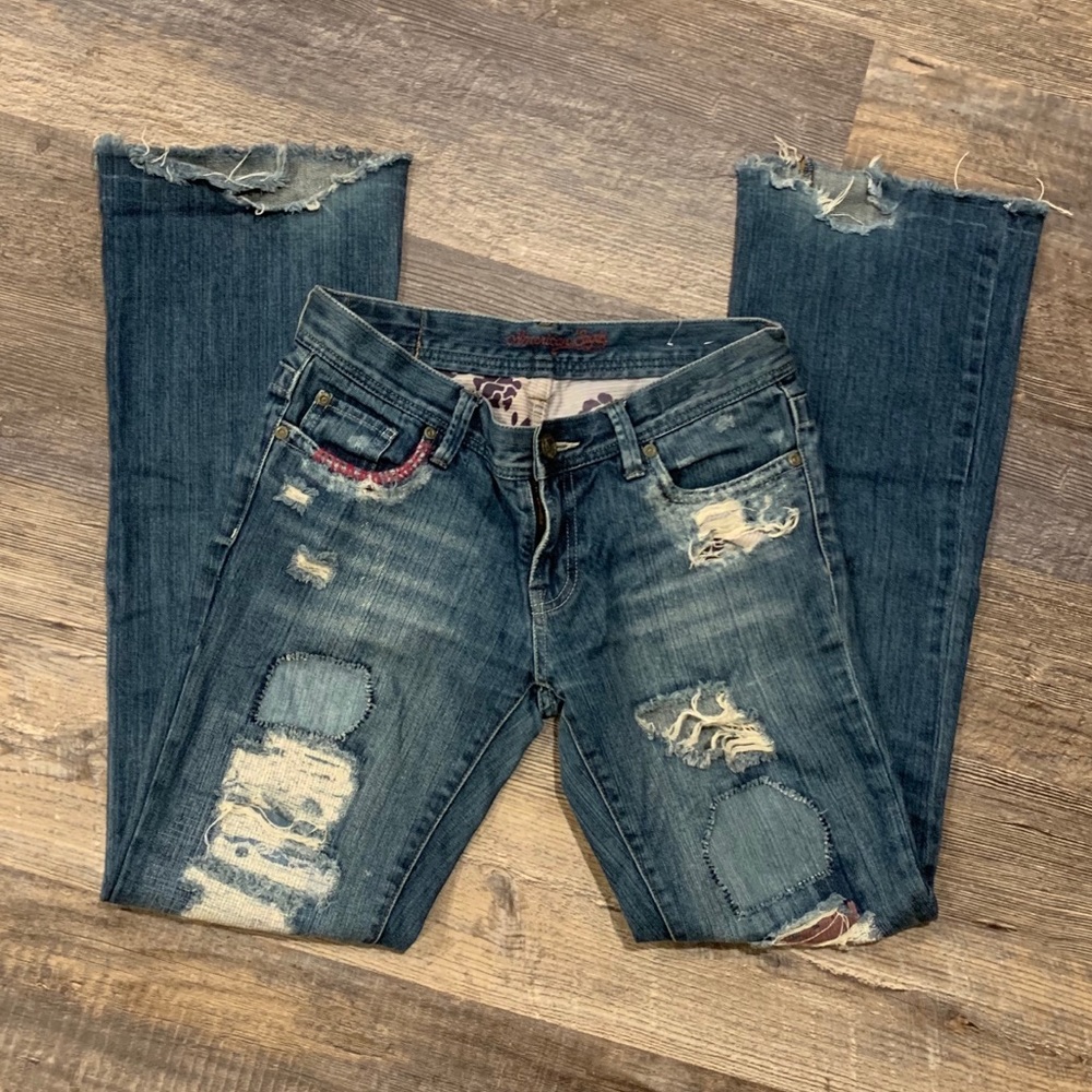 AE Hipster Distressed Patch Embroidered Jeans